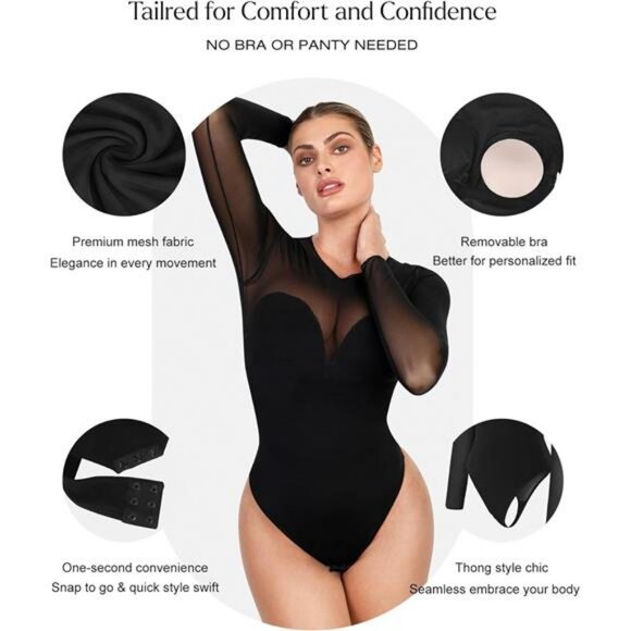 Long Sleeve Mesh Shapewear Bodysuit for Women Tummy Control Sheer Body Suits - Picture 11 of 12